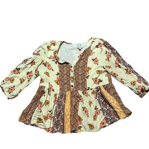 Fall Floral Bohemian Patchwork Blouse Size Small Baby Doll Peplum Boho Hippie